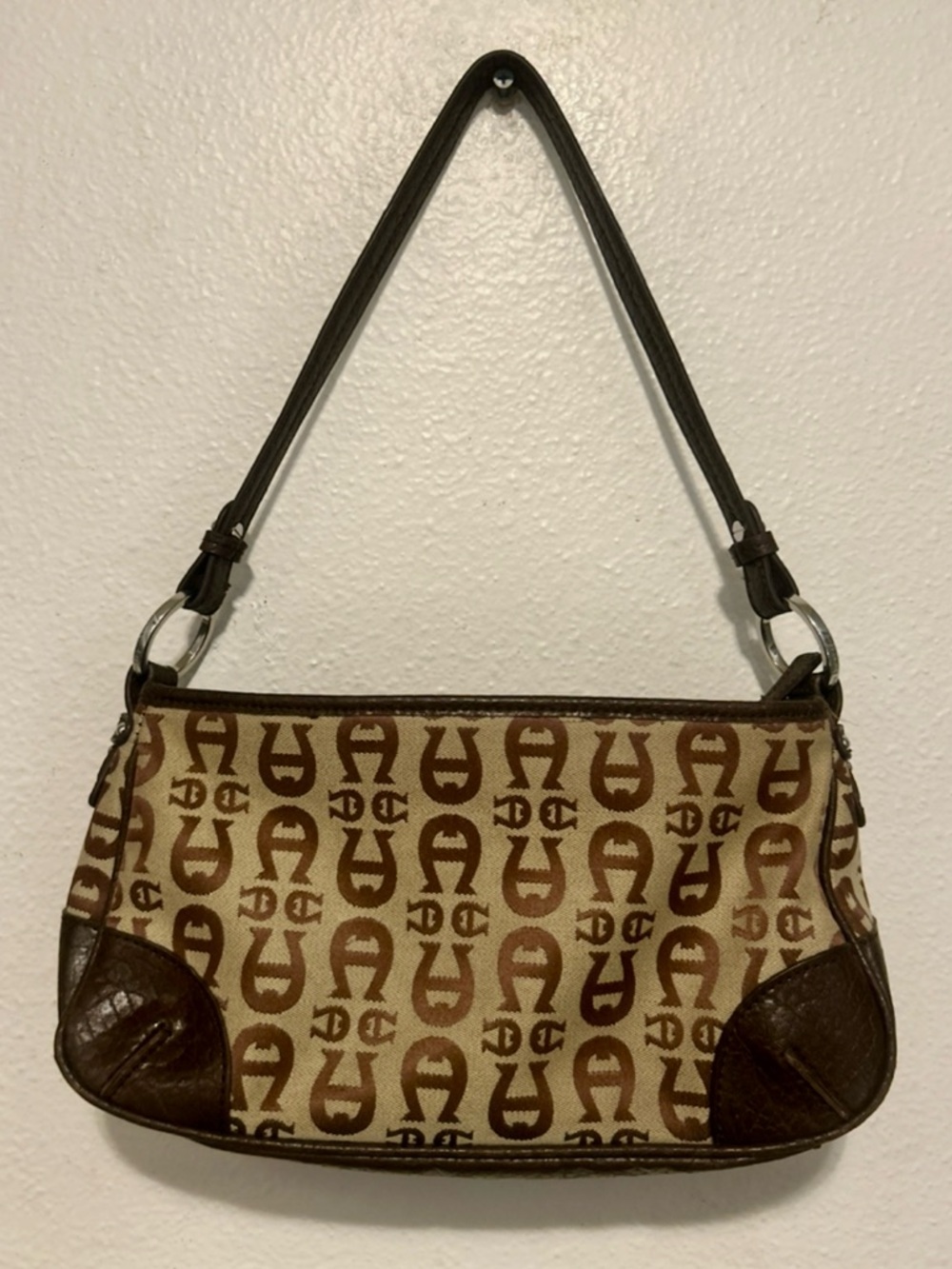 ETIENNE AIGNER Y2K VTG Baguette Shoulder Bag Monogram Print Horsebit Brown Beige - Picture 3 of 15